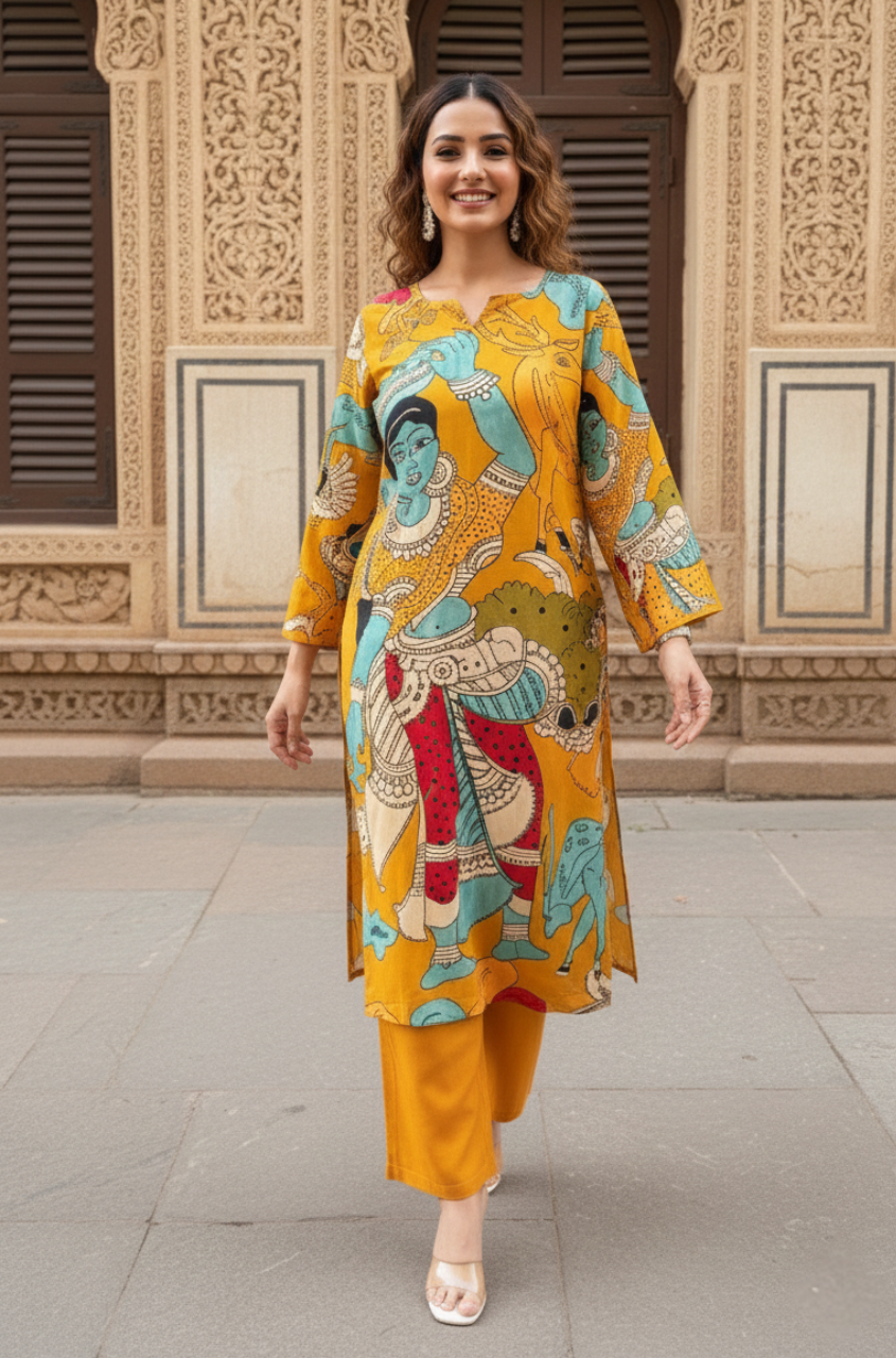 Elegant Artistic Folk Art Printed Kurta Co-Ord Set