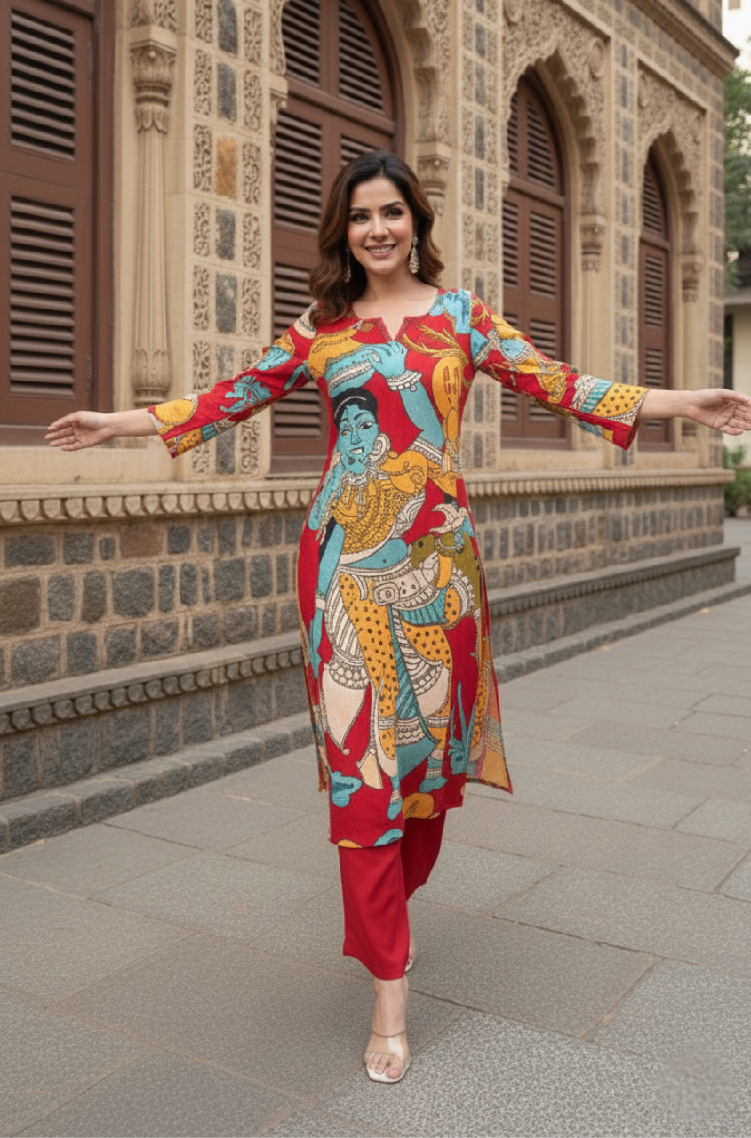 Elegant Artistic Folk Art Printed Kurta Co-Ord Set