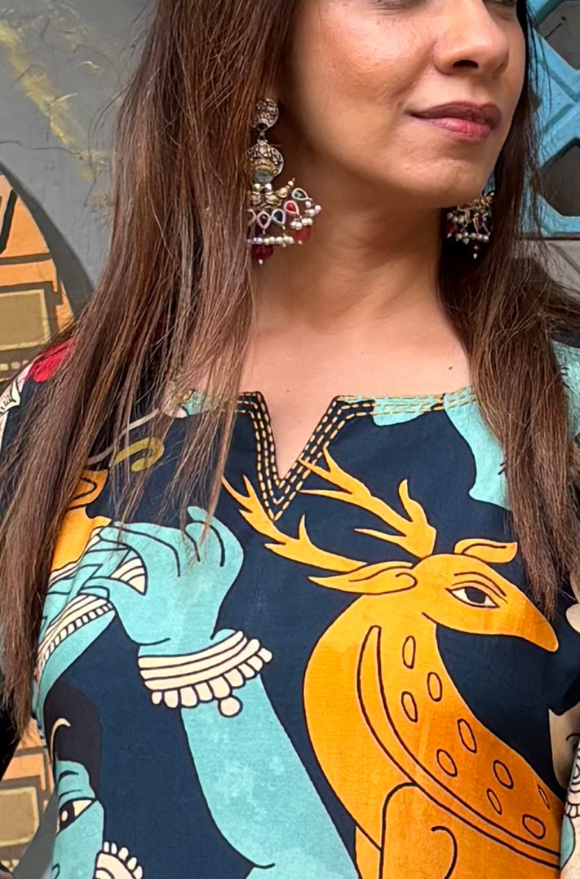 Elegant Artistic Folk Art Printed Kurta Co-Ord Set