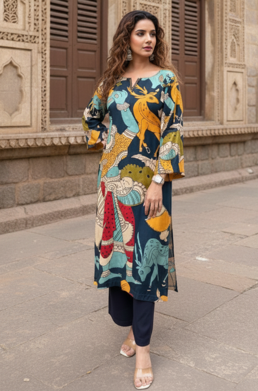 Elegant Artistic Folk Art Printed Kurta Co-Ord Set