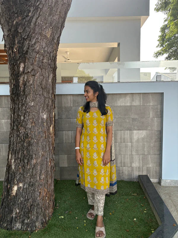 Yellow Handblock Cotton Kurti Set with Dupatta