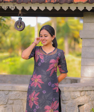Graphite Bloom Muslin Kurti with Elbow Sleeves
