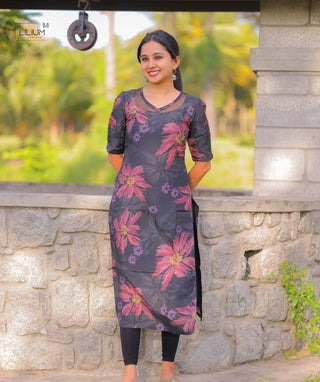 Graphite Bloom Muslin Kurti with Elbow Sleeves