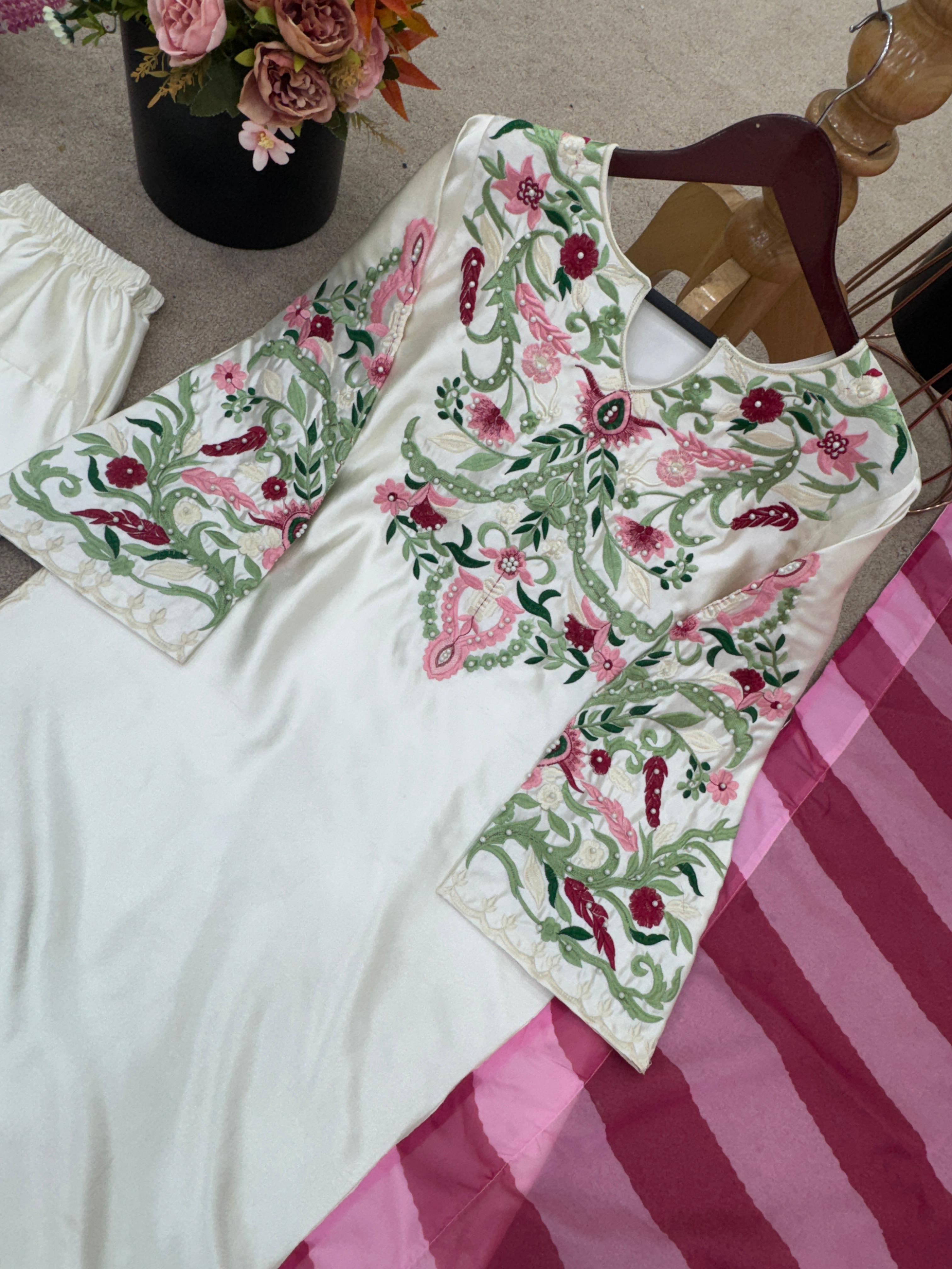 New Designer Collection In Natural Crep Silk Top-Bottom And Dupatta