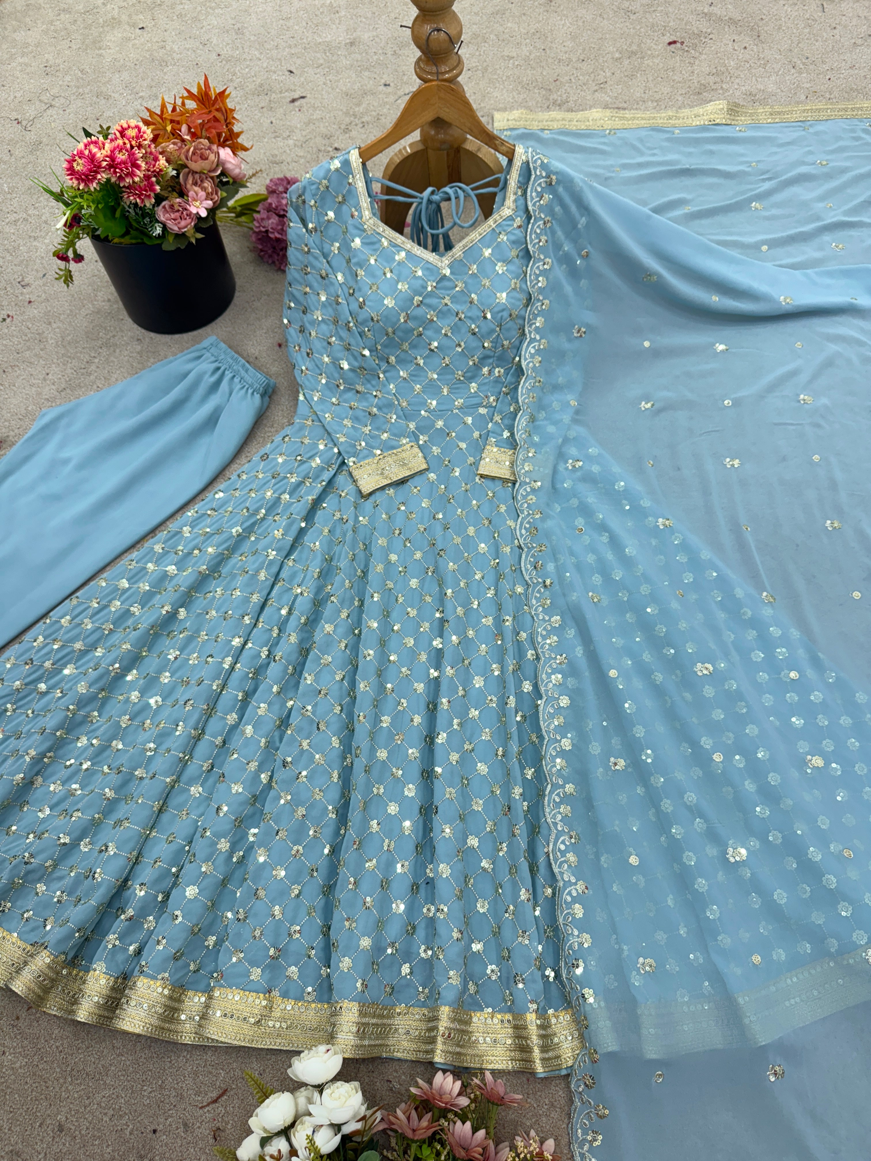 Powder Blue Embroidered Anarkali Set