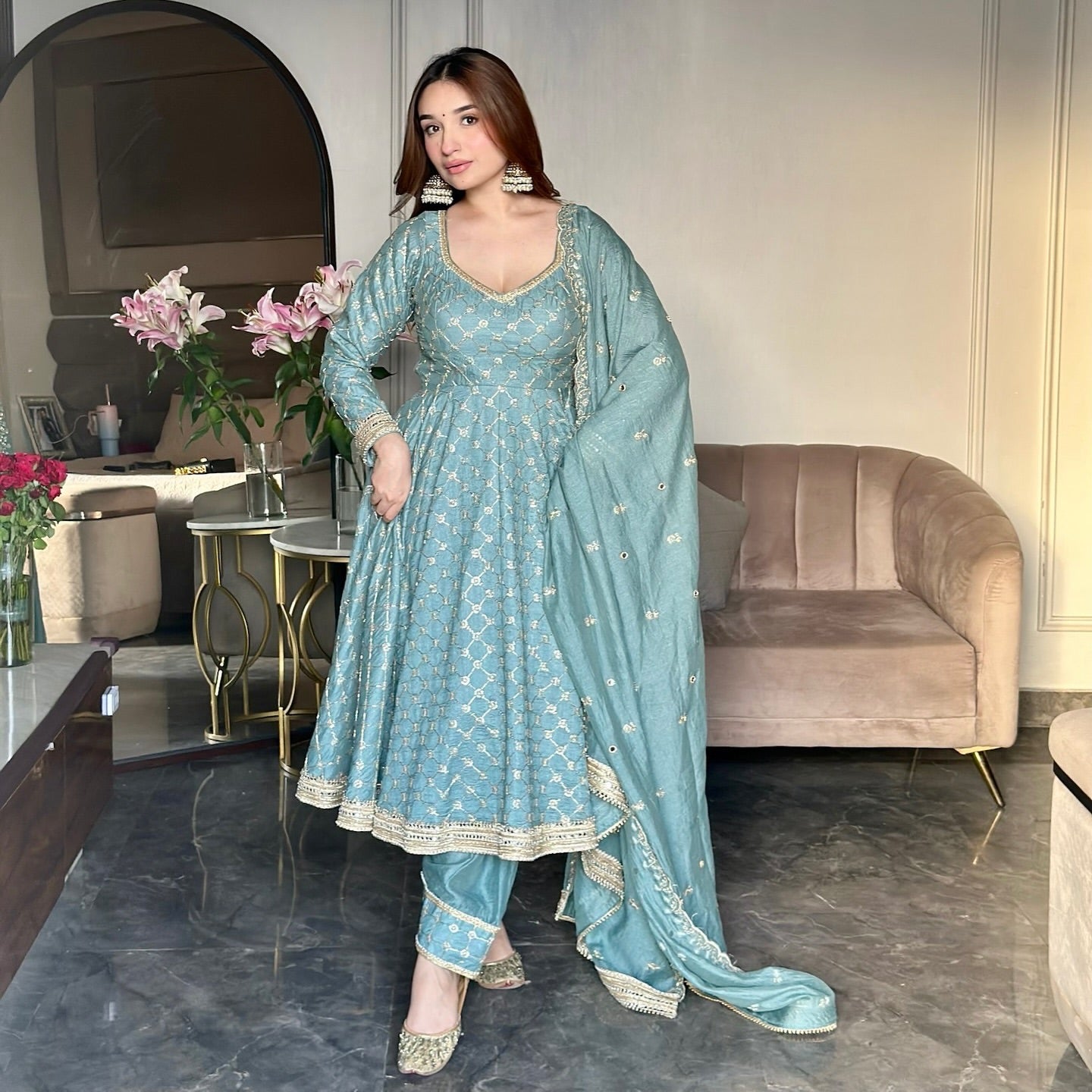 Powder Blue Embroidered Anarkali Set