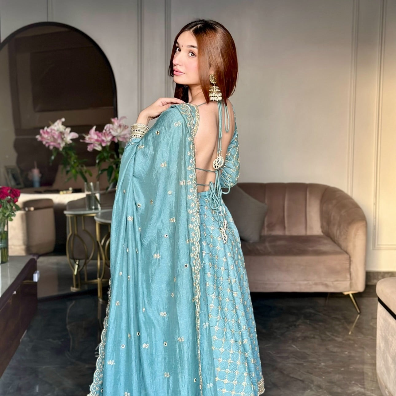 Powder Blue Embroidered Anarkali Set