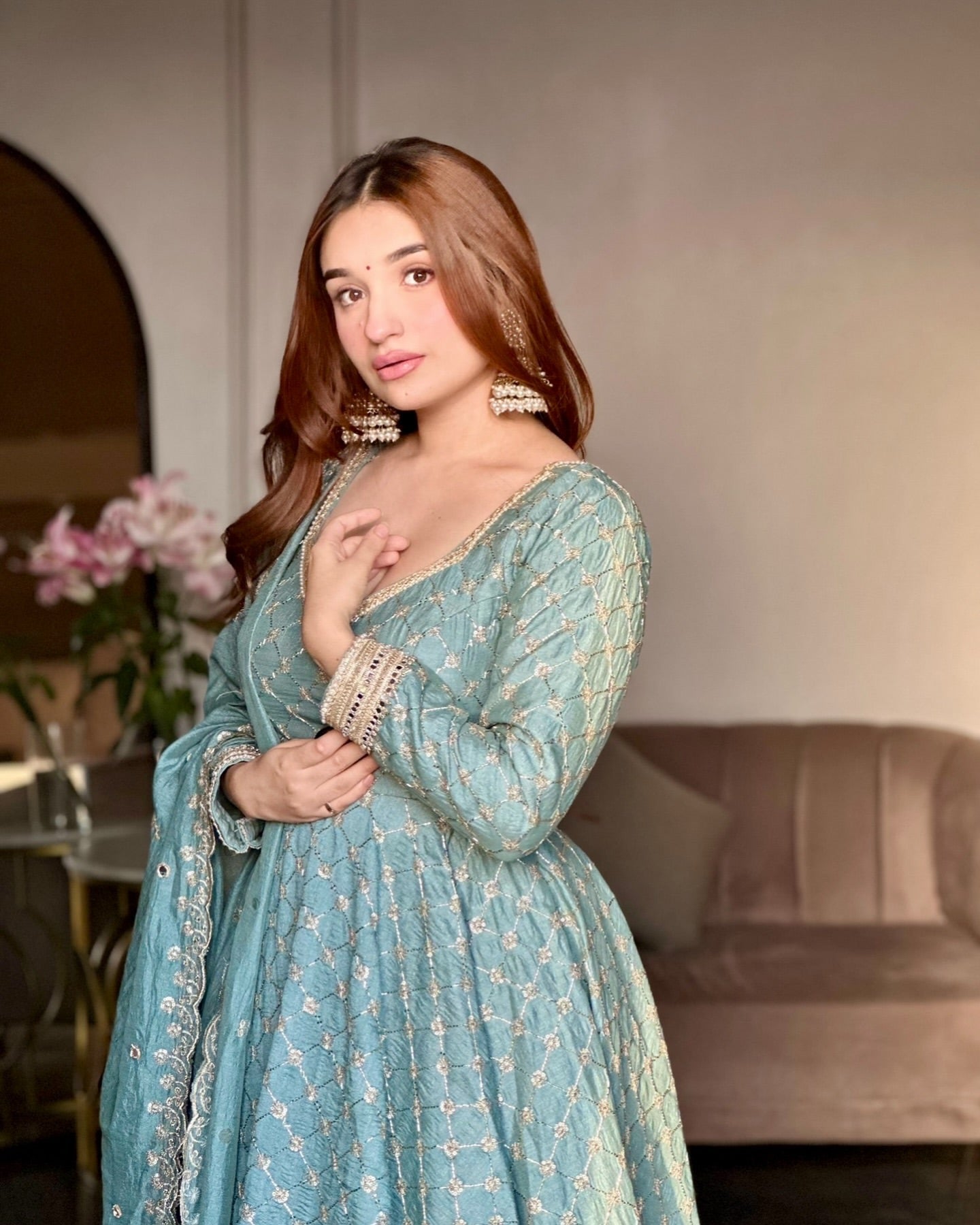 Powder Blue Embroidered Anarkali Set