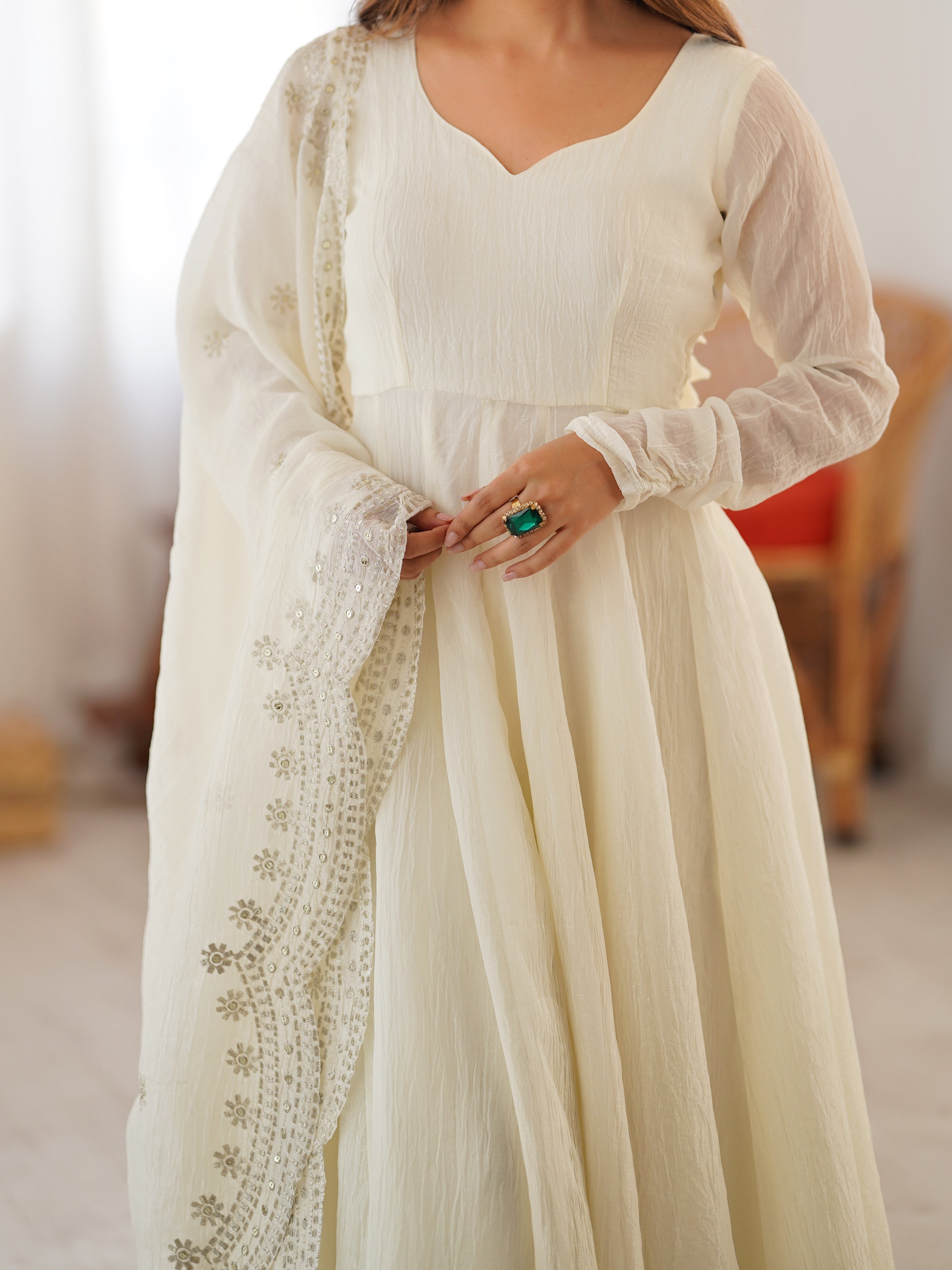 Ivory Embroidered Anarkali Set