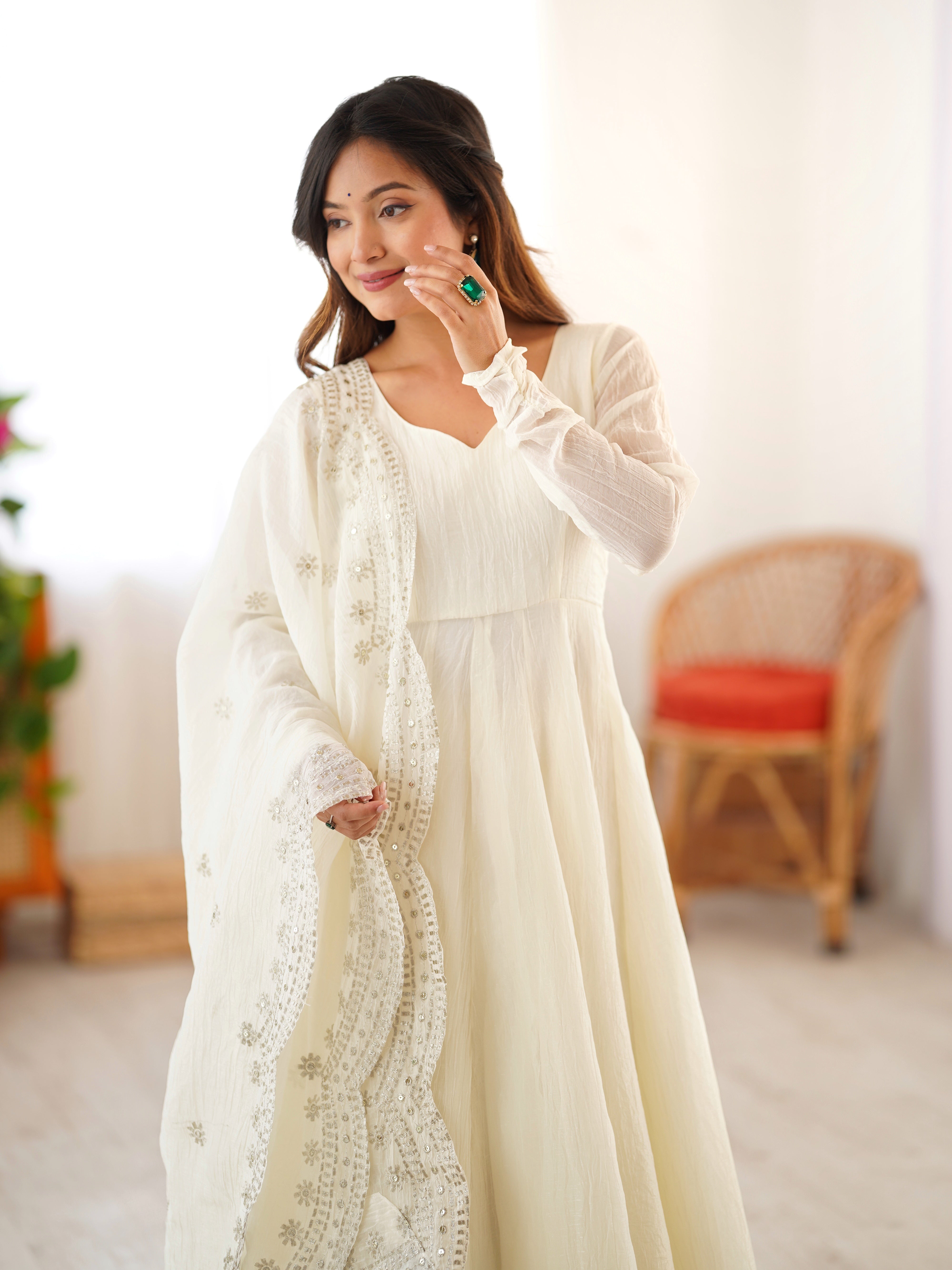 Ivory Embroidered Anarkali Set