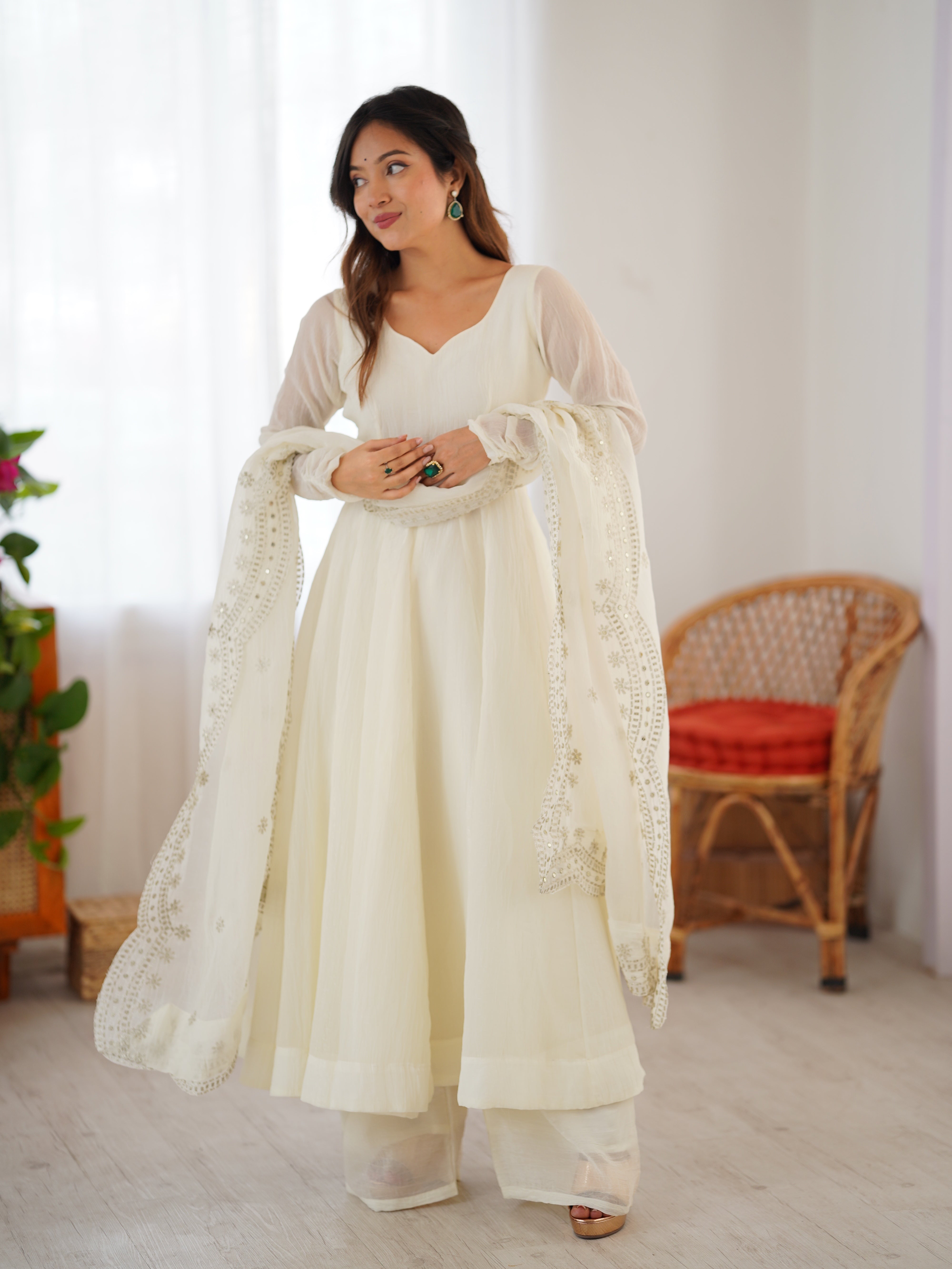 Ivory Embroidered Anarkali Set
