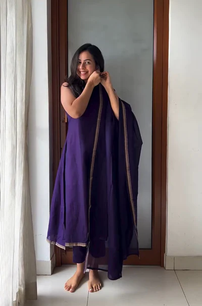 Purple Cotton Kurti Set with Dupatta