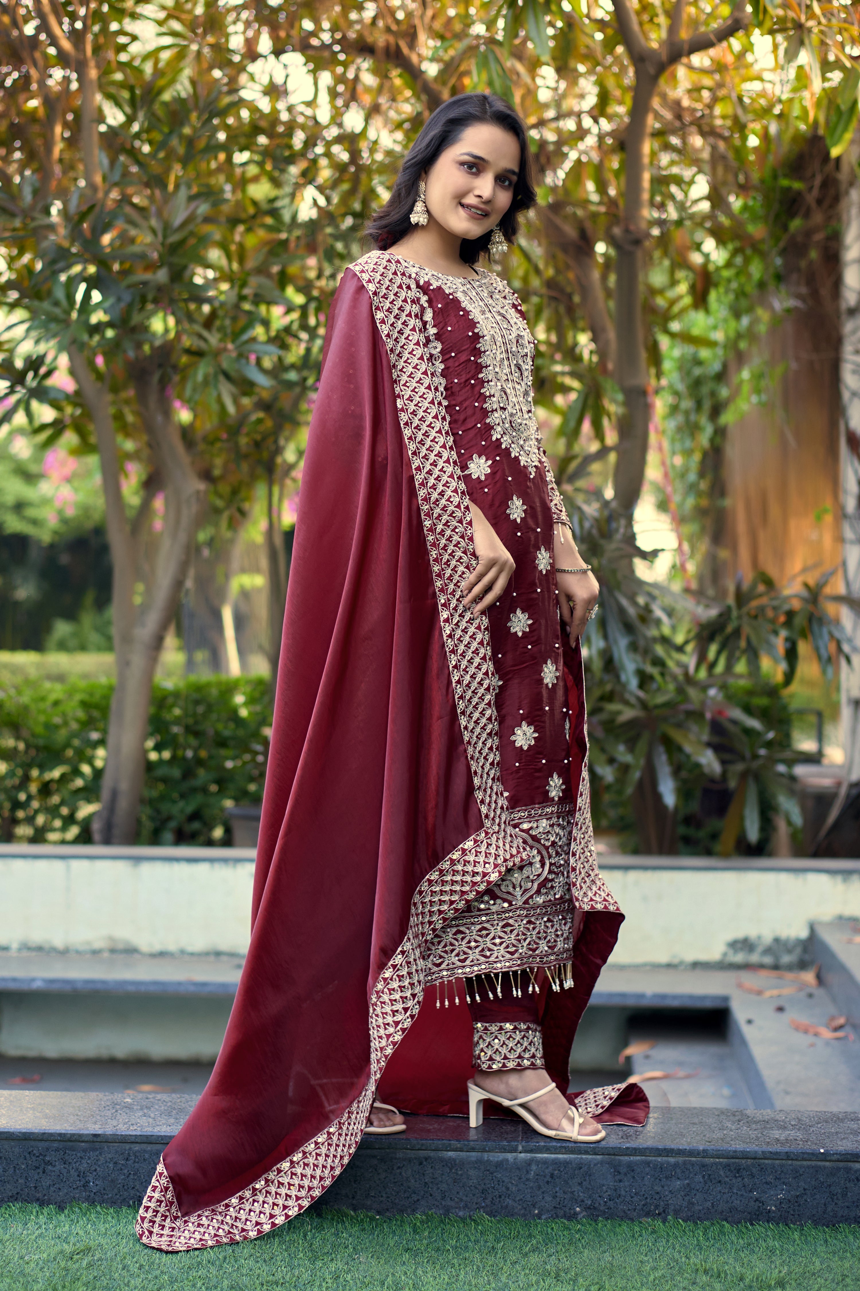 Elegant Maroon Embroidered coding Suit Set