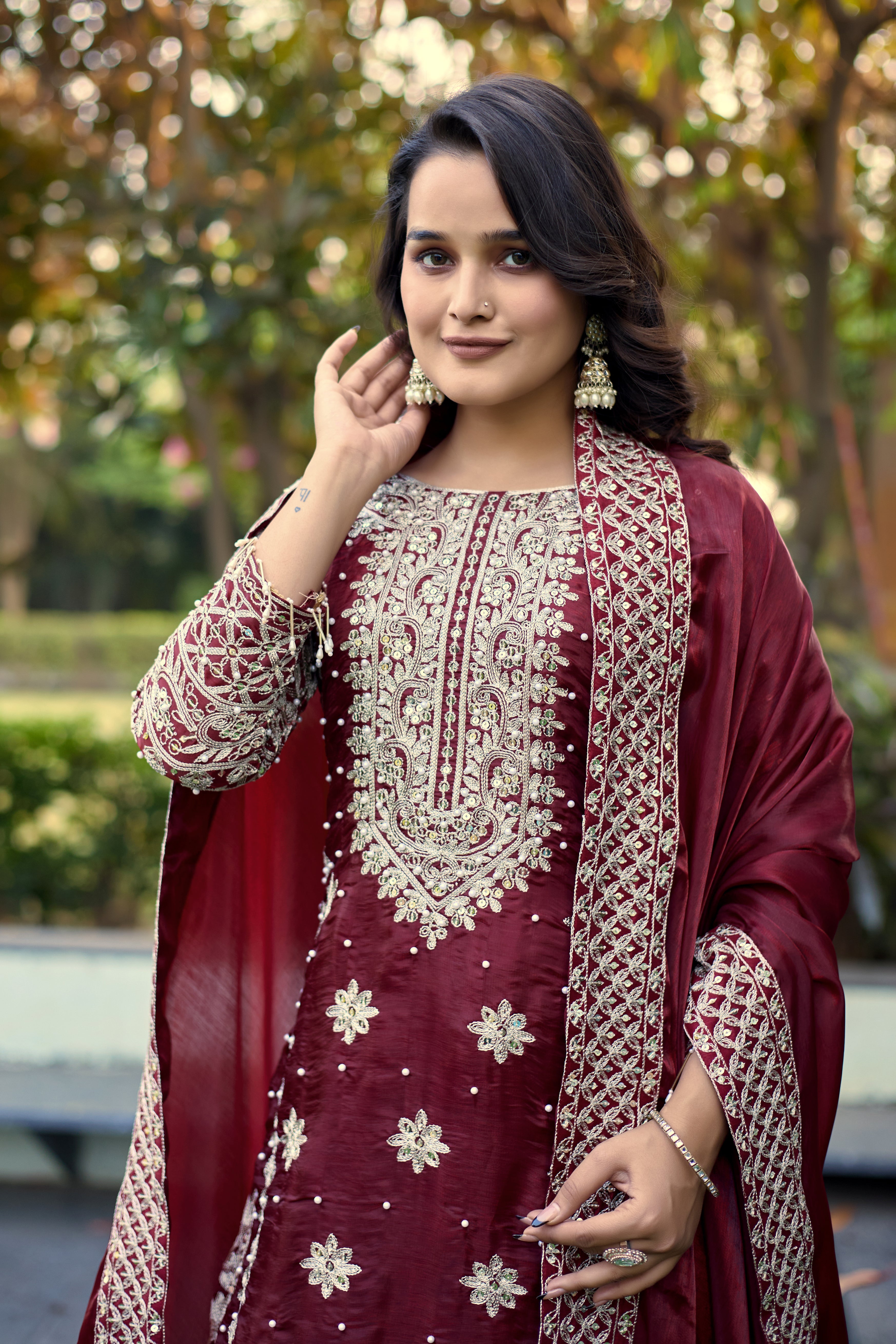 Elegant Maroon Embroidered coding Suit Set