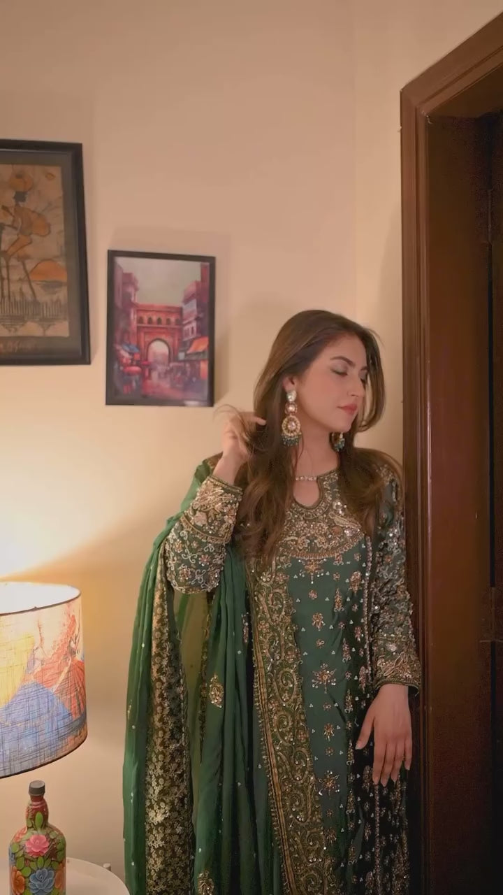 Crafted traditional suit deep emerald green and royal purple