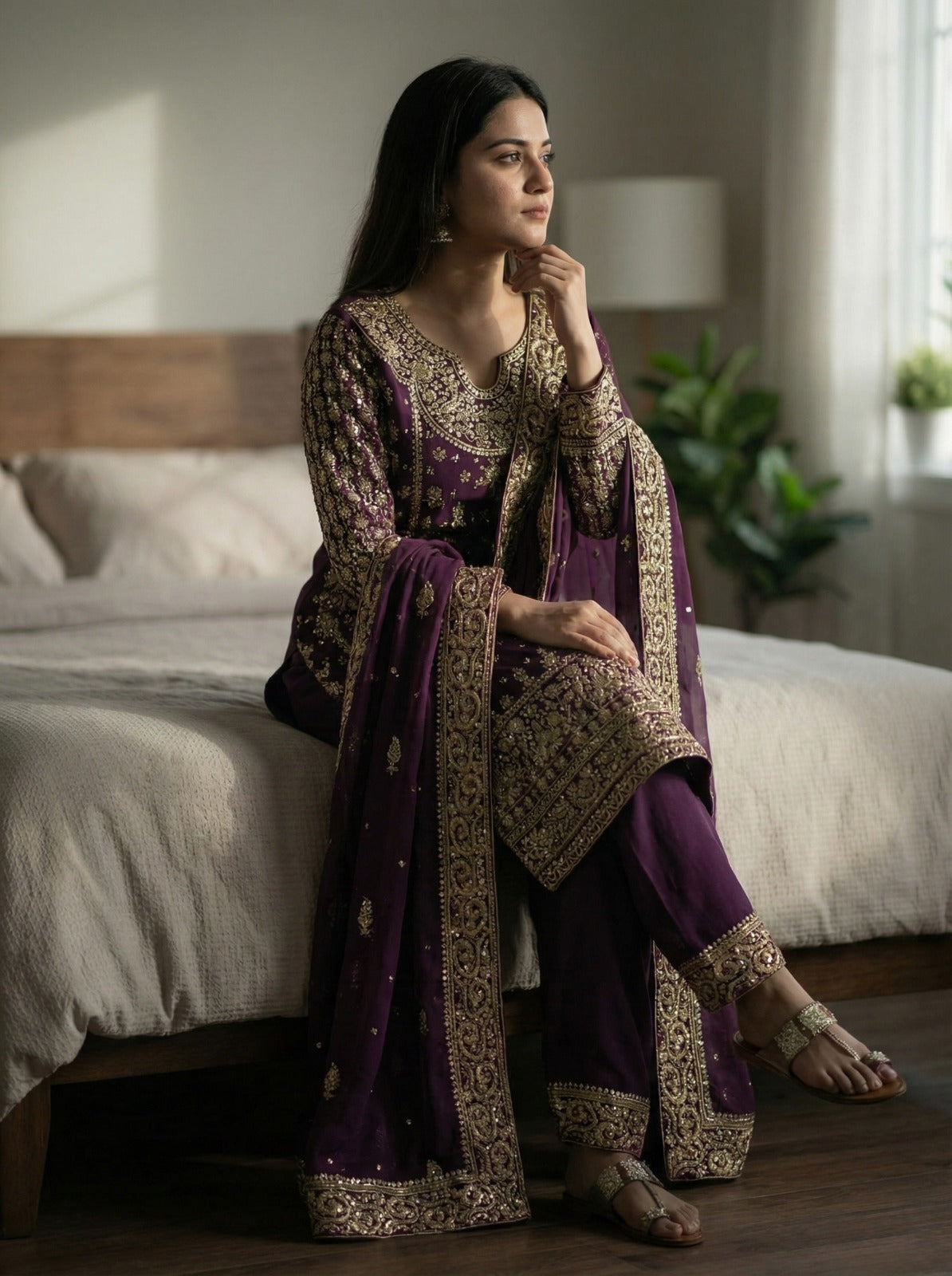 Crafted traditional suit deep emerald green and royal purple