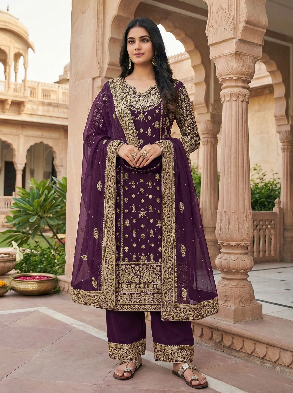 Crafted traditional suit deep emerald green and royal purple