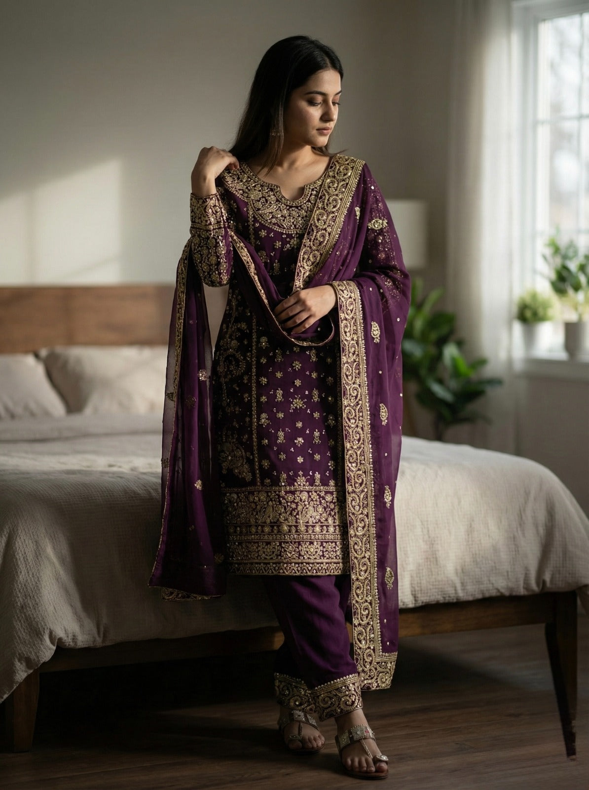 Crafted traditional suit deep emerald green and royal purple